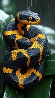 A black and yellow snake is sitting on a leaf photo