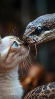 A snake and a cat are kissing each other photo