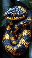 A snake with black and yellow stripes photo