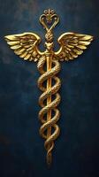 Gold caduceus medical symbol on dark blue background photo