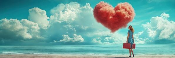 A woman standing on the beach with a red suitcase and a heart shaped cloud photo