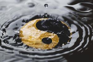 Golden yin yang symbol floating on water with droplets splashing photo