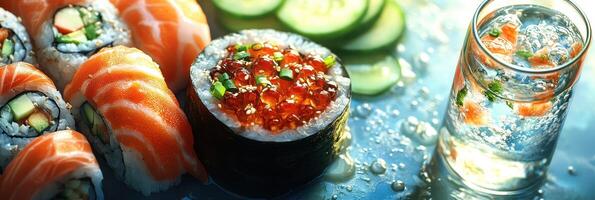 Sushi and water with cucumber and cucumber photo