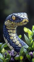 A close up of a snake with green plants photo