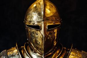 Medieval golden helmet and armor shining in the dark photo