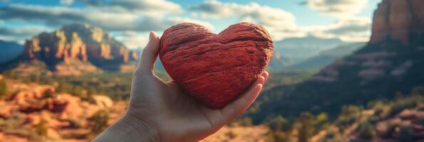 A person holding a red heart shaped rock in front of a mountain photo