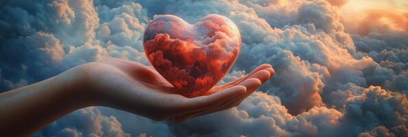 A hand holding a heart shaped object in the sky photo