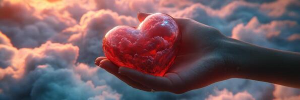 A person holding a red heart in the sky photo