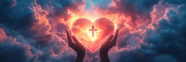 Hands holding a heart shaped cross in the clouds photo
