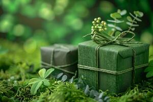 Green gifts resting on lush moss in a natural setting photo