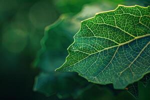 Green leaf showing veins in backlight creating abstract pattern photo