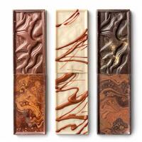 Chocolate bars showing artistic design and marbling effect on white background photo