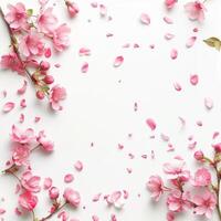 Pink cherry tree blossom branches forming a frame on white background photo