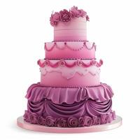 Big pink cake decorated with flowers and ribbons standing on white background photo
