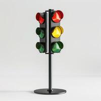 Four way traffic light showing green and yellow lights simultaneously on white background photo