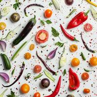 Colorful vegetables and spices creating vibrant culinary pattern on white background photo