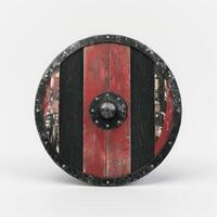 Round wooden viking shield with metal rivets and umbo on white background photo