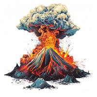 Volcano erupting with molten lava and ash cloud on white photo