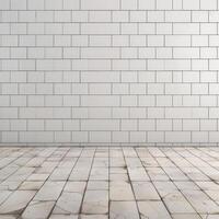 White subway tile wall and cracked tile floor creating empty room background photo