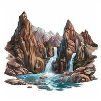 Majestic waterfall cascading between rocky mountains in a serene landscape photo