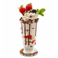 Delicious ice cream sundae dripping with chocolate sauce and topped with fresh fruit photo