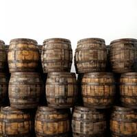 Wine cellar storing many wooden barrels stacked on top of each other photo