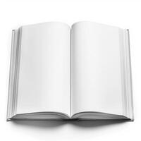 Open book showing blank white pages on white background photo