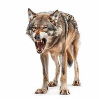 Aggressive eurasian wolf snarling and showing teeth on white photo