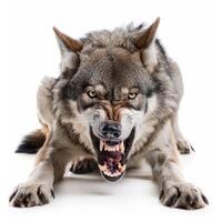 Aggressive wolf snarling and showing teeth on white background photo