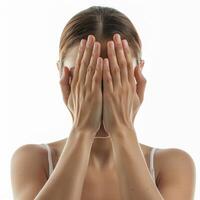 Young woman covering face with hands expressing shame and fear photo
