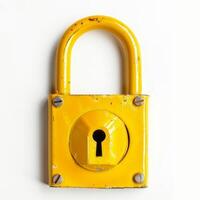 Yellow padlock closed showing keyhole on white background photo
