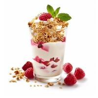 Delicious yogurt parfait layered with raspberry sauce, granola and fresh mint photo