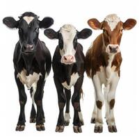 Three cows standing and looking forward on white background photo