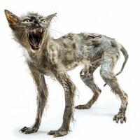 Aggressive mangy cat showing teeth and growling on white background photo