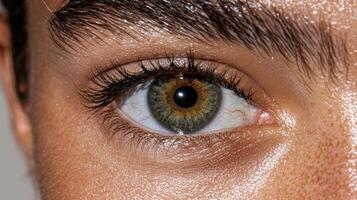 Close up of a persons eye with hazel iris and long eyelashes photo