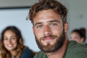 Smiling man with beard and curly hair photo