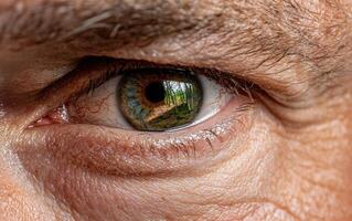 Close up of a human eye with a forest reflected in the pupil photo