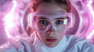 Young female scientist looking directly at the camera in a lab photo