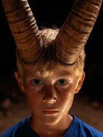 Young boy with large horns on his head photo