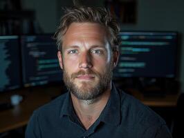 Focused programmer working late at night on his computer. photo