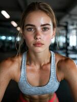 Close up portrait of a young woman with freckles, looking directly at the camera photo