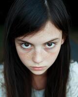 Close up portrait of a girl with freckles and intense gaze photo