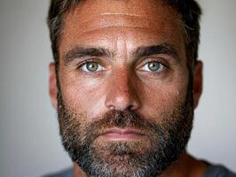 Close up portrait of a man with a beard and intense gaze photo