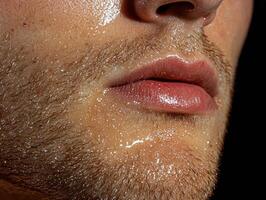 Close up of a mans face with sweat droplets photo
