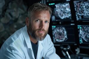 Serious scientist looking at computer screens in a lab photo