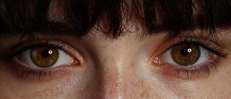 Close up of a persons eyes with freckles and dark eyebrows photo