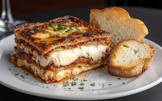 Delicious lasagna with toasted bread photo