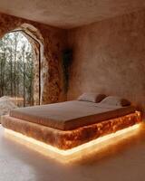 Modern bedroom with illuminated stone bed and forest view photo