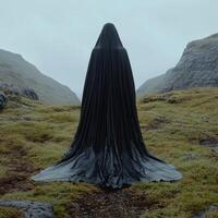 Mysterious figure in black cloak stands on a windswept hilltop photo