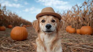 Adorable golden retriever puppy wearing a straw hat in a pumpkin patch photo